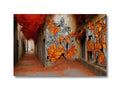 A close up of autumn leaves on a wall hanging with graffiti covers and graffiti.