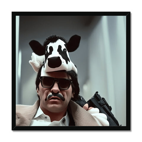 a dog with a hat and glasses holding up a framed photograph of a white cow and