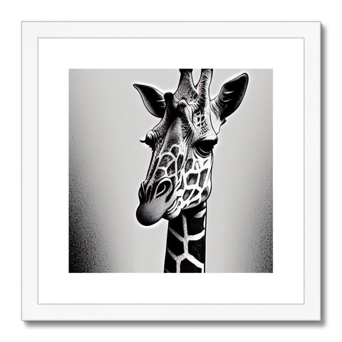 Art print of the giraffe in a green grassy field.