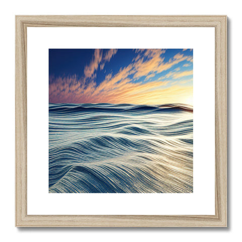 A wooden framed image of an ocean wave on a beach.