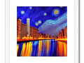 Art print with night view of city skyline with city lights and people.
