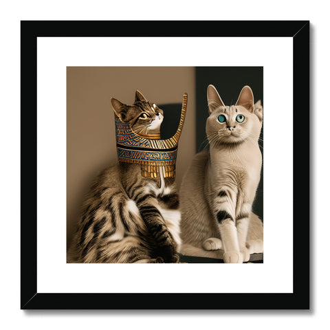 A cat posing next to a photo of the Pharaoh for a piece of vase.