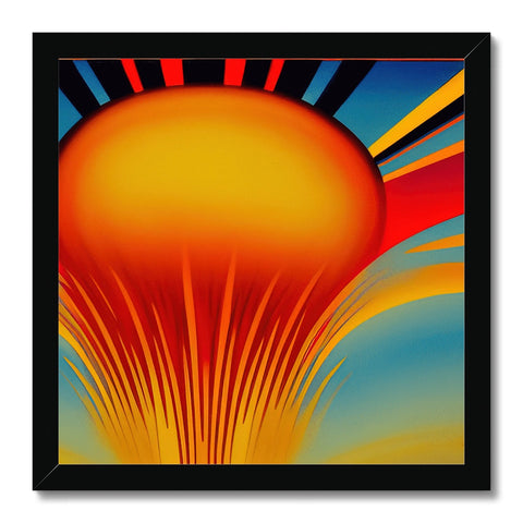 Art print showing a sunset with a sunburst on the horizon behind it.