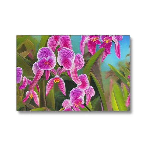 Art print of orchids in a plant that sits next to a tablecloth on