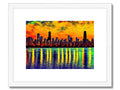 a colorful artwork print showing city skyline on a whiteboard