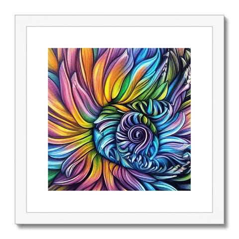 An art print of a painting with a blue, purple, orange and white flower.