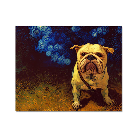 Art print of a bulldog walking down the street while it is panting
