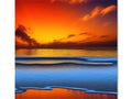 Art print of an orange sunset on a sand beach.
