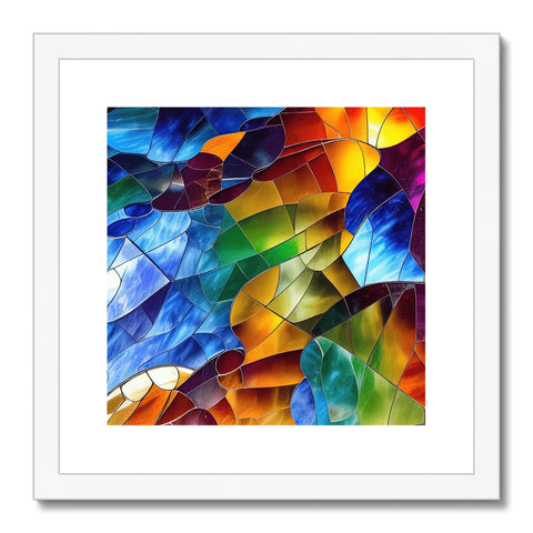 An art print sitting on top of a mosaic stained glass mosaic on a wall painting inside