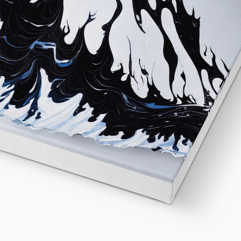 A painting of a white pillow with a wave crashing against a black and white background.