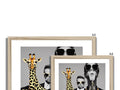 the picture of 4 giraffe with animals is on a frame with several different styles of