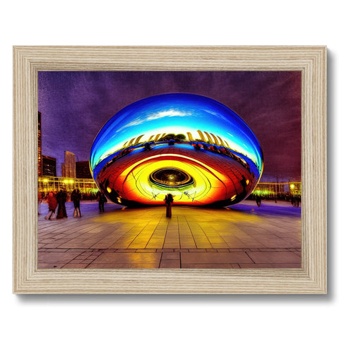 Large round picture framed in metal with a framed image of a building with a roof and
