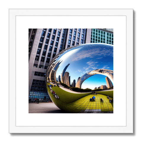 Two photographs with the skyline of Chicago are on a white photo frame, both painted on