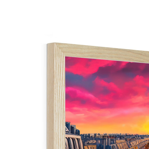 A photo frame that includes wood on it's base in plain view of scenery.