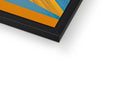 A picture frame on top of a wall on a wall is framed in bright color.