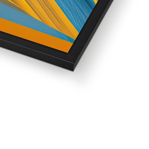 A picture frame on top of a wall on a wall is framed in bright color.