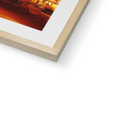A photograph of an art print on a wooden book frame with a small wooden frame in