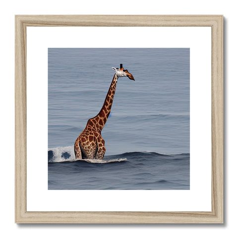 A giraffe is standing in a field and looking at the water outside.