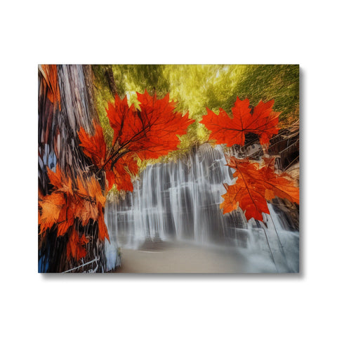 Art print of a beautiful fall tree and leaves painted orange and brown.