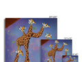 Four giraffe on a rocky area with bushes and animals.
