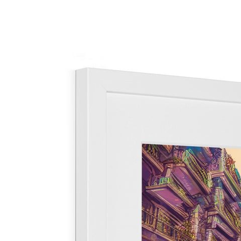 A picture on a box filled with colorful frames on top of a wall.