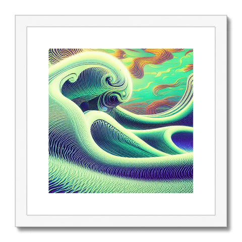 A colorful wave blowing through the ocean with a photo of it on its white background.