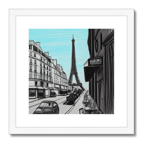 An art print framed in wood painted with city scenery in Paris on the side.