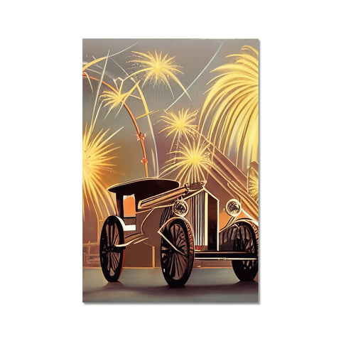 An antique horse carriage with an elegant woman standing at the back with a greeting card on