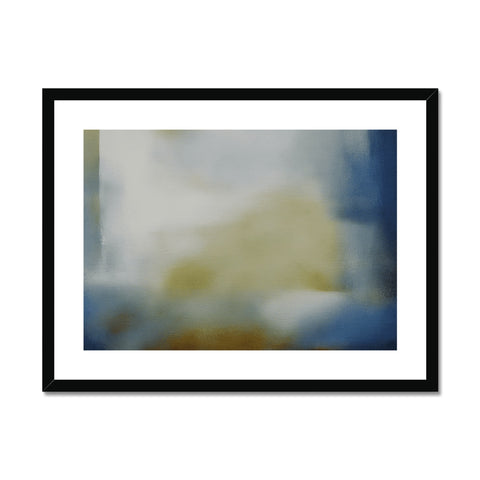 a picture of an abstract painting in a painting frame sitting against the wall with a cloudy