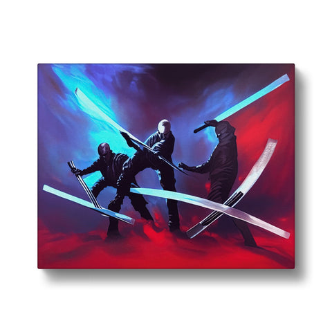 Art print of a fight between four people with swords.