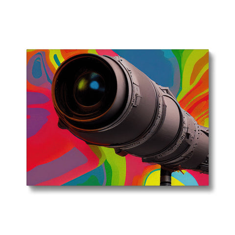 The camera lens is on a large green background with a colorful picture of a painting.
