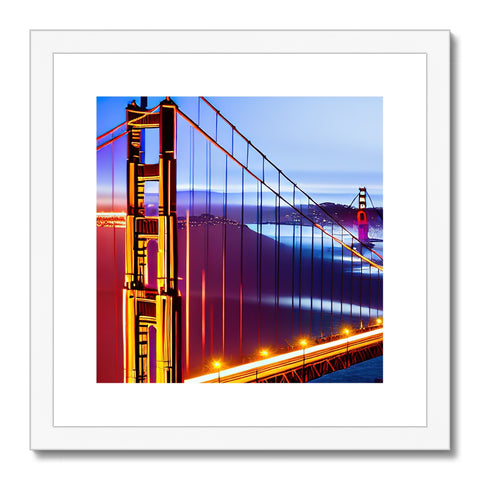 a golden gate and an art print is hung on wooden wall and is framed.