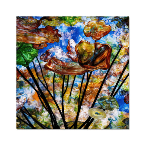 An art print with water lilies and mushrooms standing next to a water fountain.