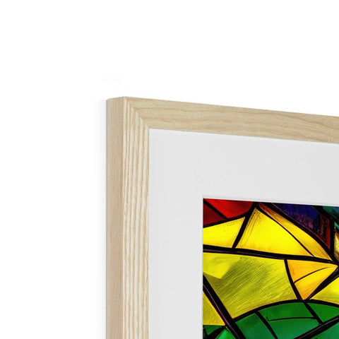 A picture frame holding an abstract image inside of a wood frame that has stained glass on