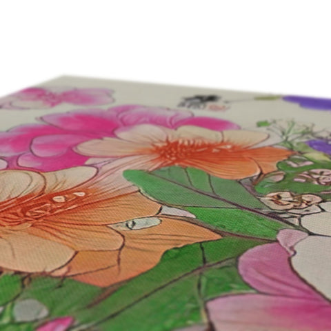 Art prints on paper on a table with various floral and flower pictures.