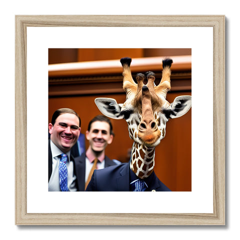 Giraffe standing next to another giraffe holding up a wooden framed photograph.