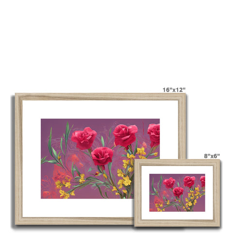 Many pink flower frames with red cushions and art prints in them.