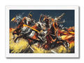 An art print of horses racing over the snowy, sandy ground.