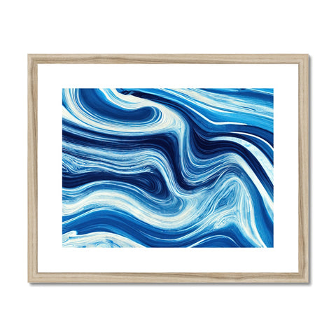 A painted illustration of ocean waves on a wooden frame next to a white background.