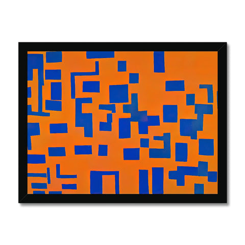 A painting of orange squares painting that is shown in blue glass.