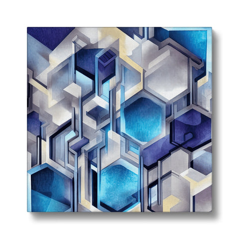 An abstract art print on a blue tile on a wall.