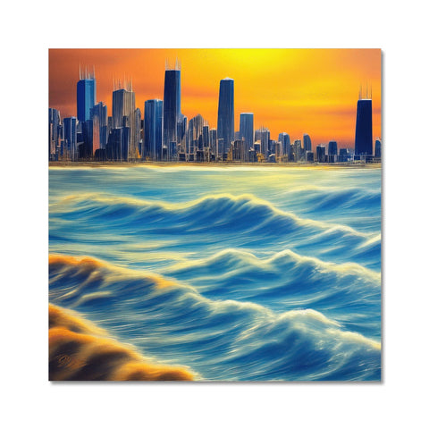 A wall of glass art print of a city of water with a sunset and a city