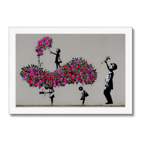 An art print of a flower arrangement is sprayed on a tree.