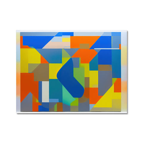 Art print with orange and blue designs on a square plate sitting on a table.