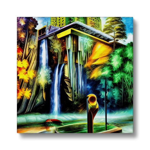 A large waterfall with an image of a trombone.