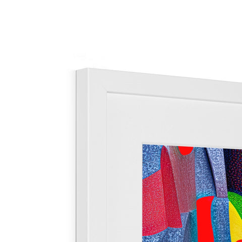 An art print is a top shelf in a picture frame on a wall.