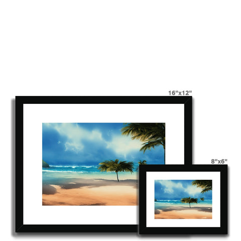 Art prints of beautiful tropical beach scenes hanging on a wall next to a picture frame.