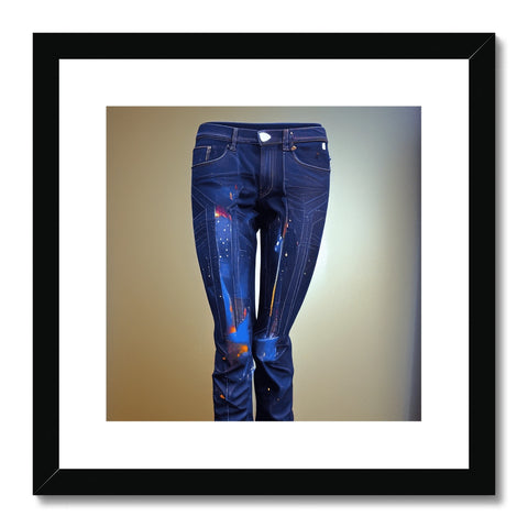 A pair of jeans with an art print hanging on a wall and a black belt.