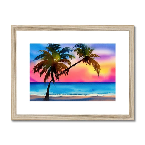 Art print on a beach with a tropical tropical island by sunset