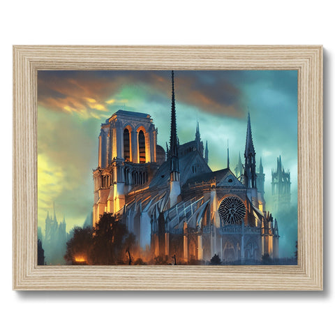 Art print on a gothic cathedral with windows framed in white with artwork is on